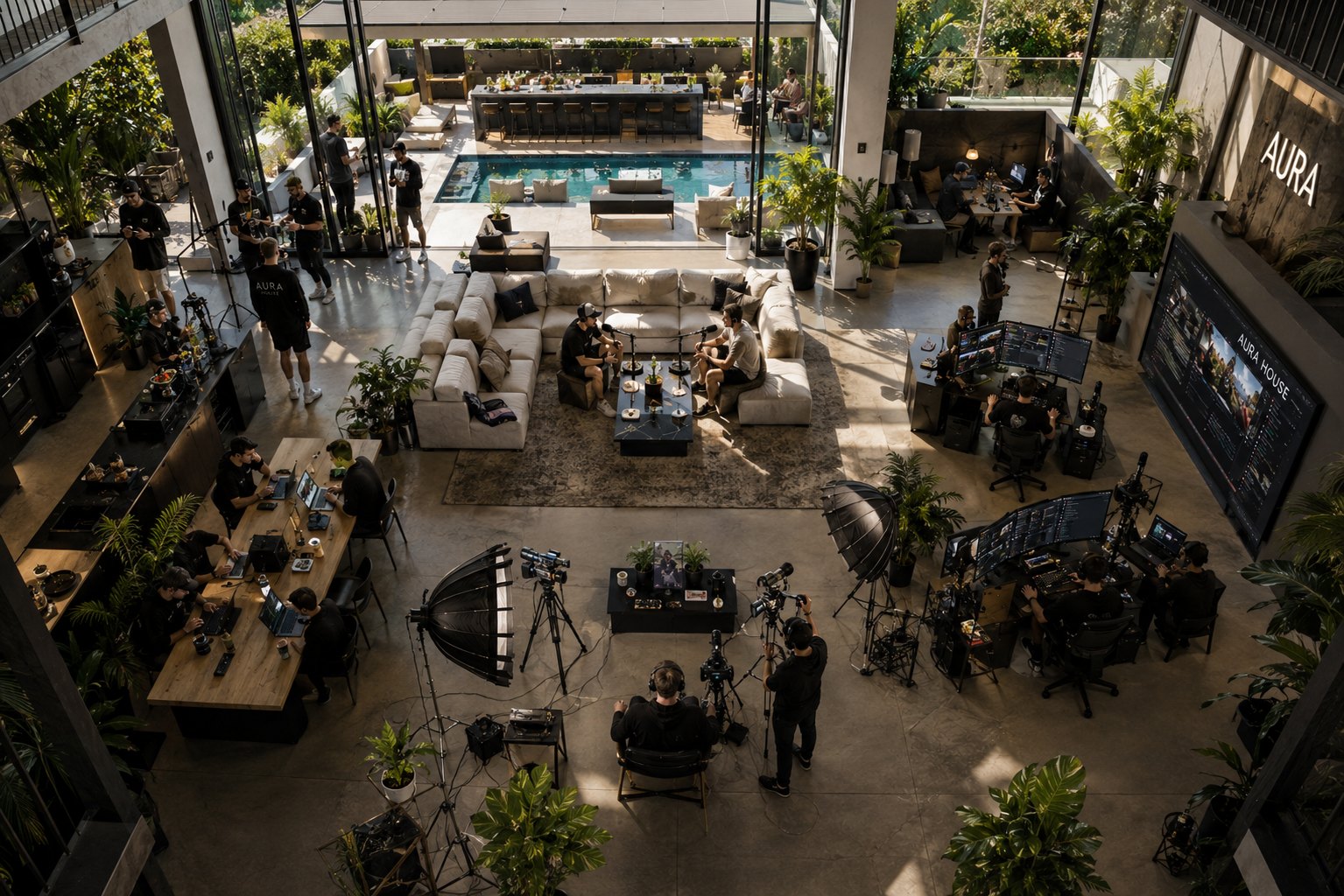 Aura House &mdash; the whole house at work: pool, podcast, production, workstations