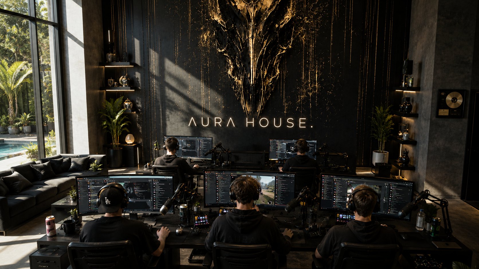 Aura House &mdash; the metallic goat artwork above the streaming floor